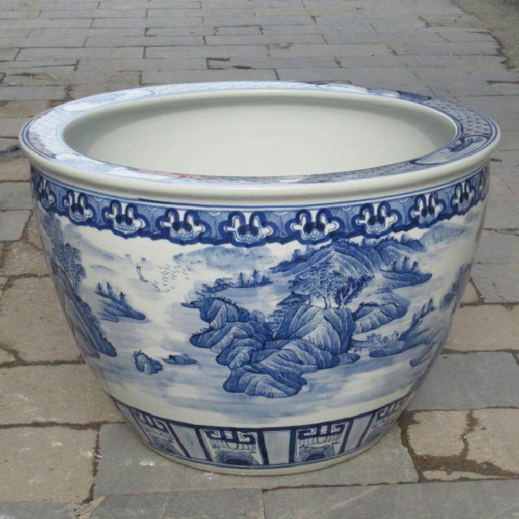 陶瓷工艺品手绘青花山水装饰落地大鱼缸超大锦鲤缸泡澡缸