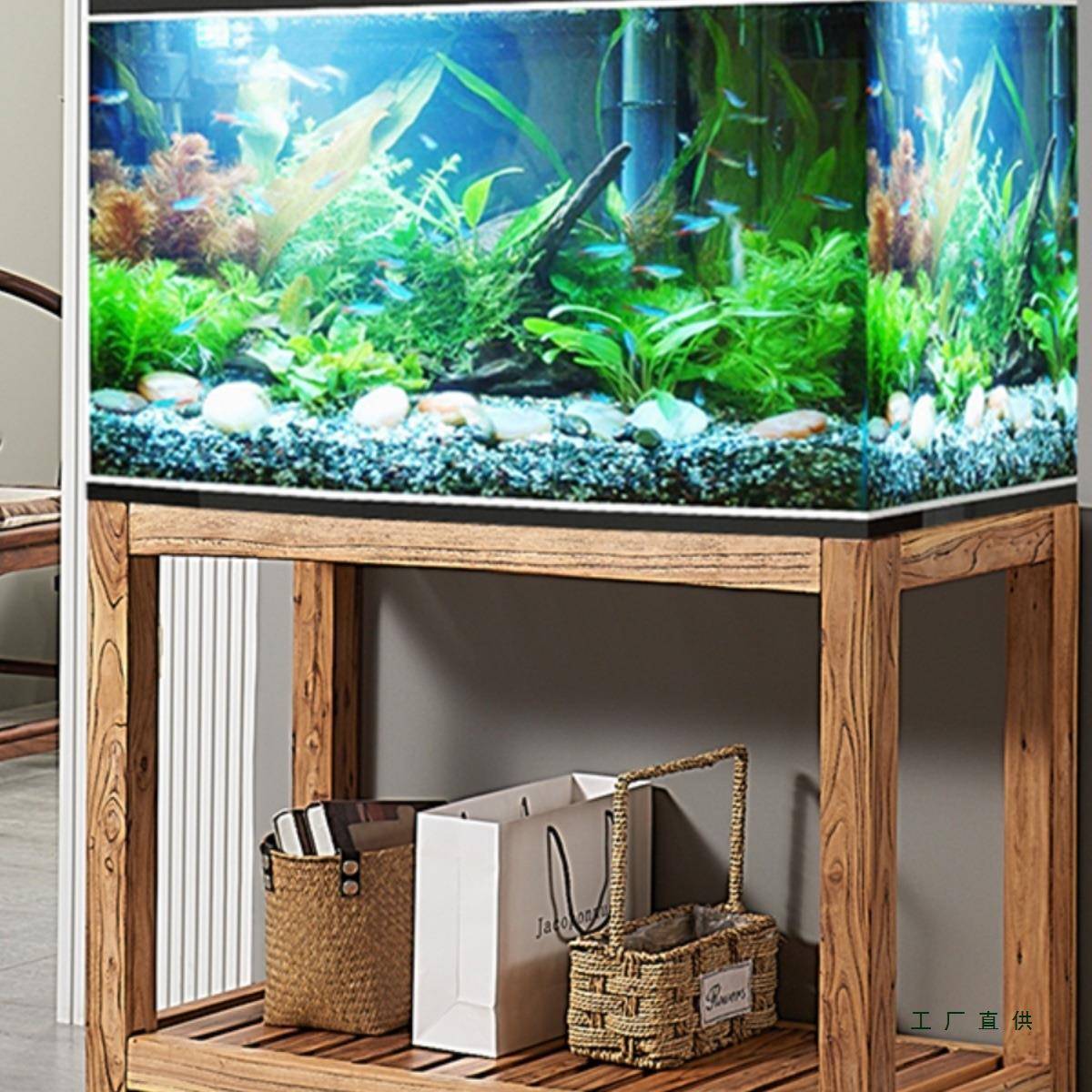 老榆木鱼缸架子实木榫卯底柜石头底座草缸架多层水族箱桌榆木花架