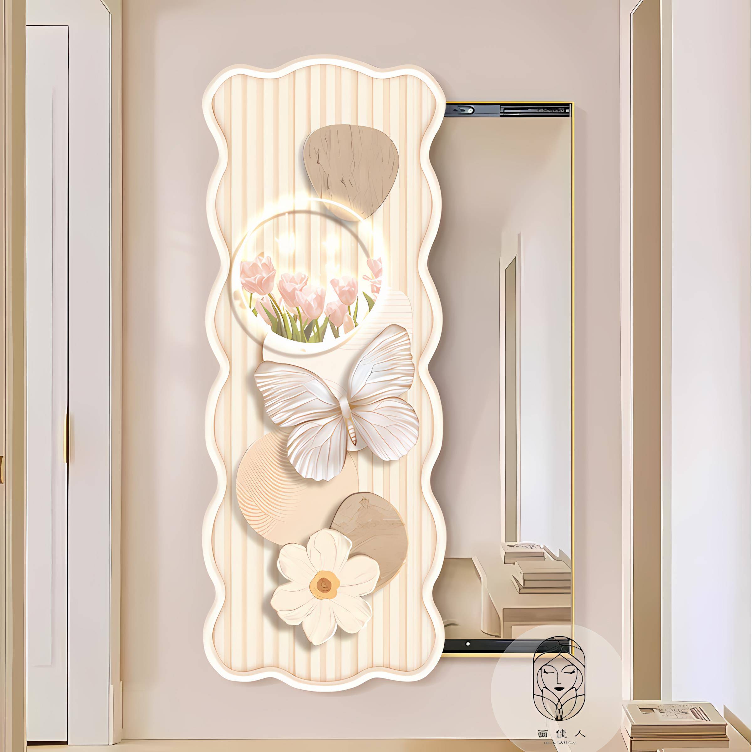 奶油风玄关装饰画隐藏式全身镜挂画法式蝴蝶异形推拉穿衣镜墙壁画
