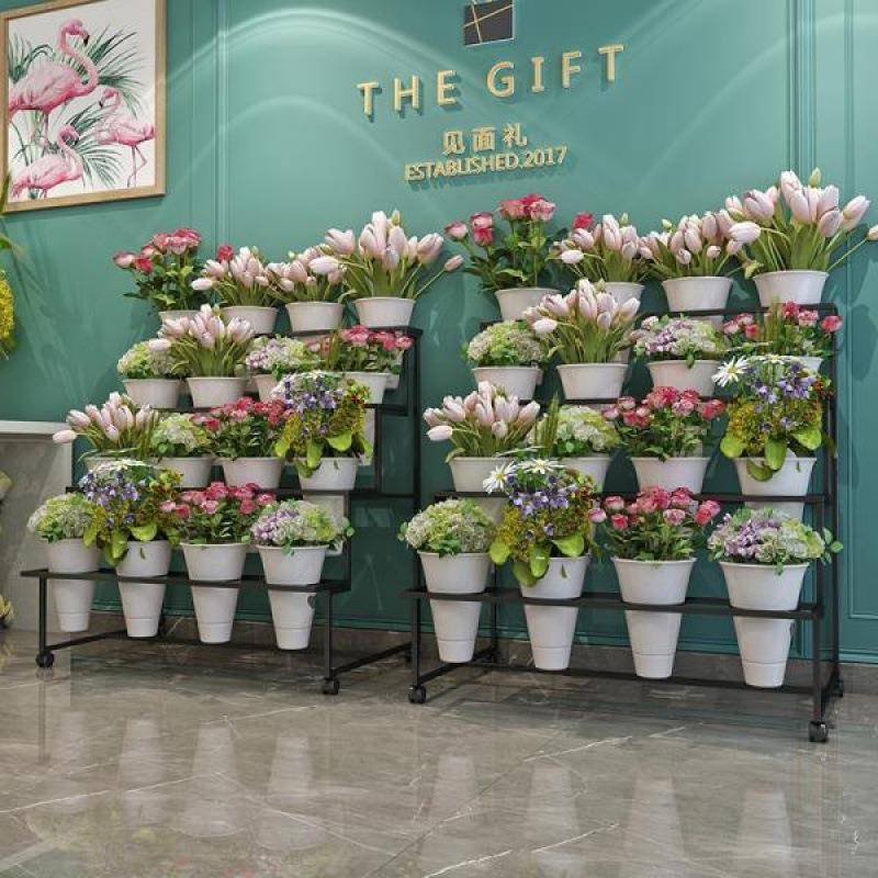 花店鲜花展示架多层阶梯花架摆花带万向轮铁艺架子花桶塑料花筒