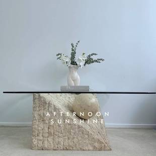 复古轻奢天然洞石荒料茶桌装饰大理石家居支持台边几玄关摆件