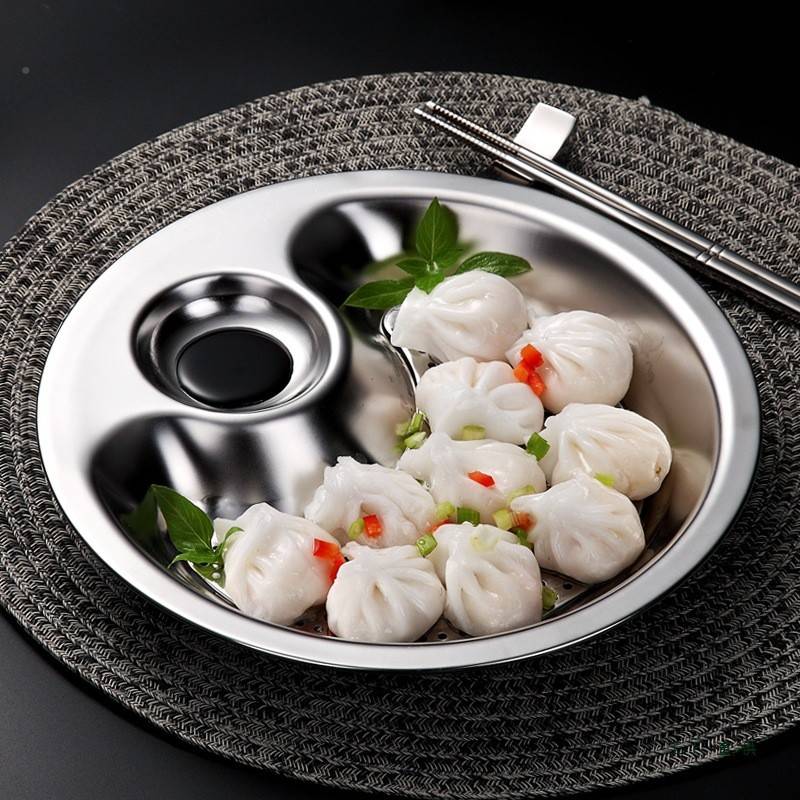 不OCG钢饺子盘家锈用两格餐盘托盘点沥水盘带碟醋心蒸菜圆盘双层