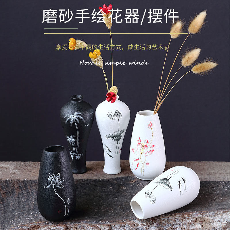 奇异创意粗陶手绘桌面花瓶中式小清新花器陶瓷干花插家居饰品摆件