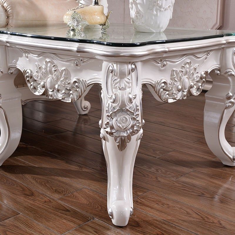 新款欧式实木雕花方几 客厅白色小茶几沙发边几小角几 钢化玻璃面