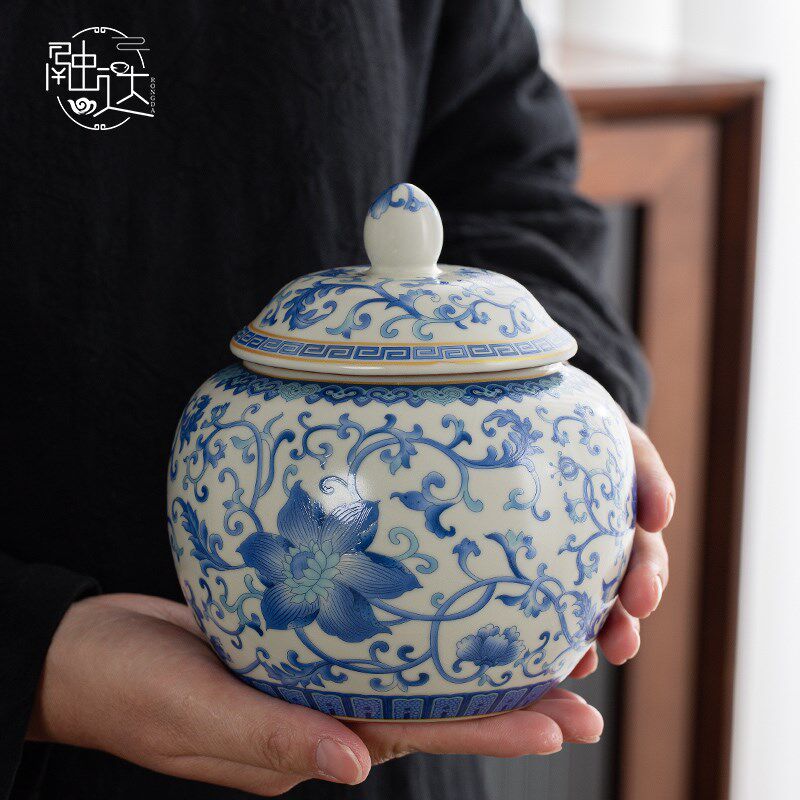 黄汝窑复古陶瓷茶叶罐密封罐储存罐茶罐青花家用防潮普洱红绿白茶