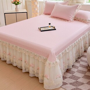 夏季 凉感丝豆豆冰丝凉席三件套公主风蕾丝边床裙可机洗软席子少女