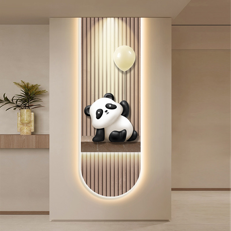 奶油风花花熊猫玄关装饰画细窄长条挂画入户走廊过道餐厅墙壁灯画