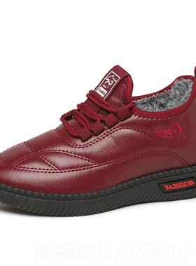 正品2022冬季老防北京布鞋水女加绒皮面软底妈色妈运动防滑黑工作