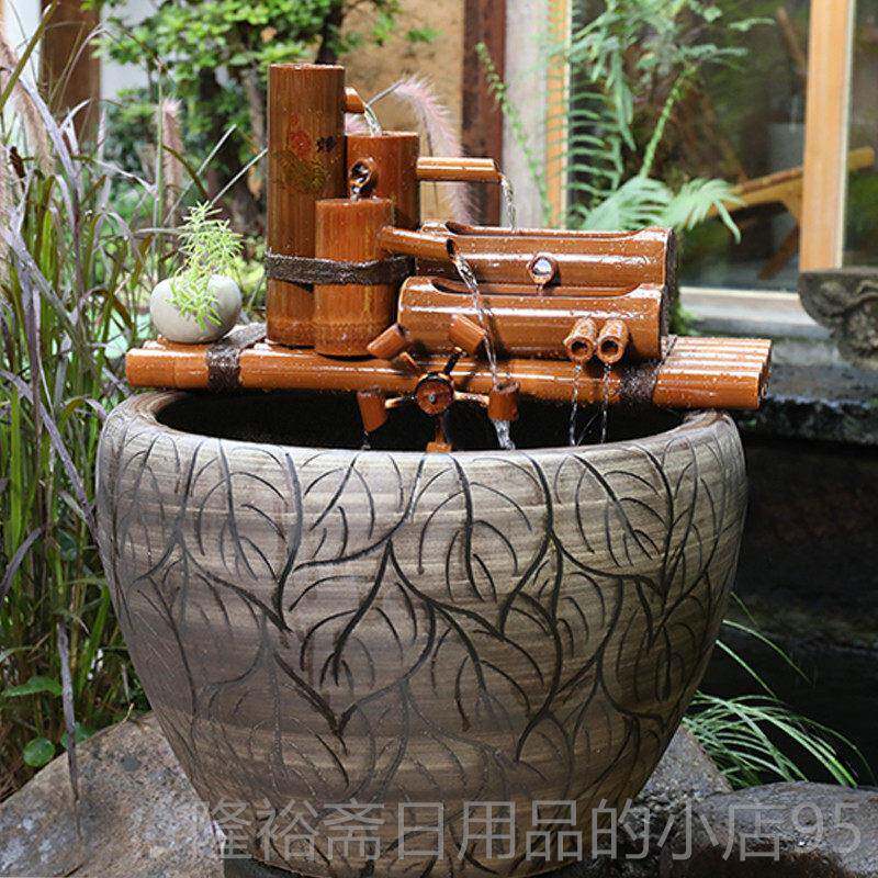 高档竹子石流喷水车摆件竹筒创泉意装饰槽循环流水水器陶瓷鱼缸过