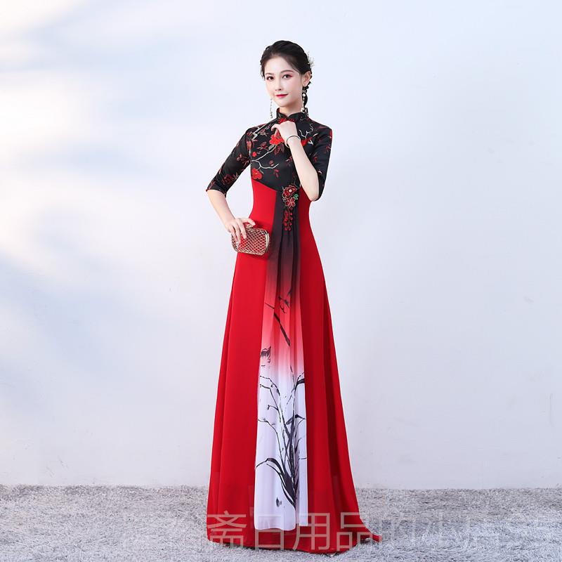 高档大唱团演出风服女长裙气0质202新款中国舞台走秀旗袍晚合礼服图片