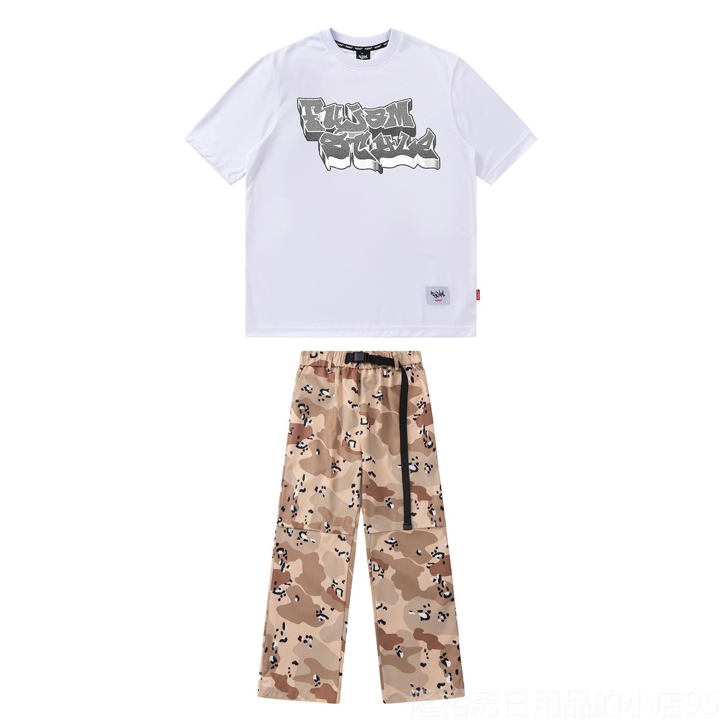 高档FUJAM潮花牌童装儿童街舞演出服式印短美袖工装裤迷彩跳舞衣