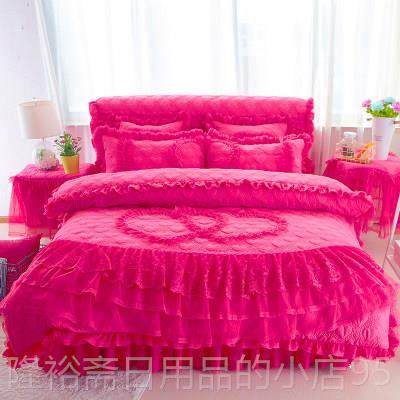 高档婚庆风大红色公主单四厚件套加夹棉床裙蕾丝花边床罩被套4床,床上用品,婚庆床品套件,淘宝优惠券,粉丝福利购,淘宝优惠卷