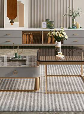 方形茶岩玻几璃板轻奢大小小组合现代小户型客厅SLSL-YP铁艺茶桌