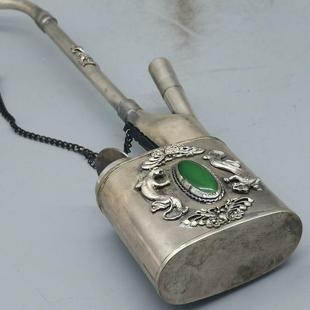 古铜收藏器白铜仿古烟袋水烟袋镶YGI宝嵌绿石摆玩件