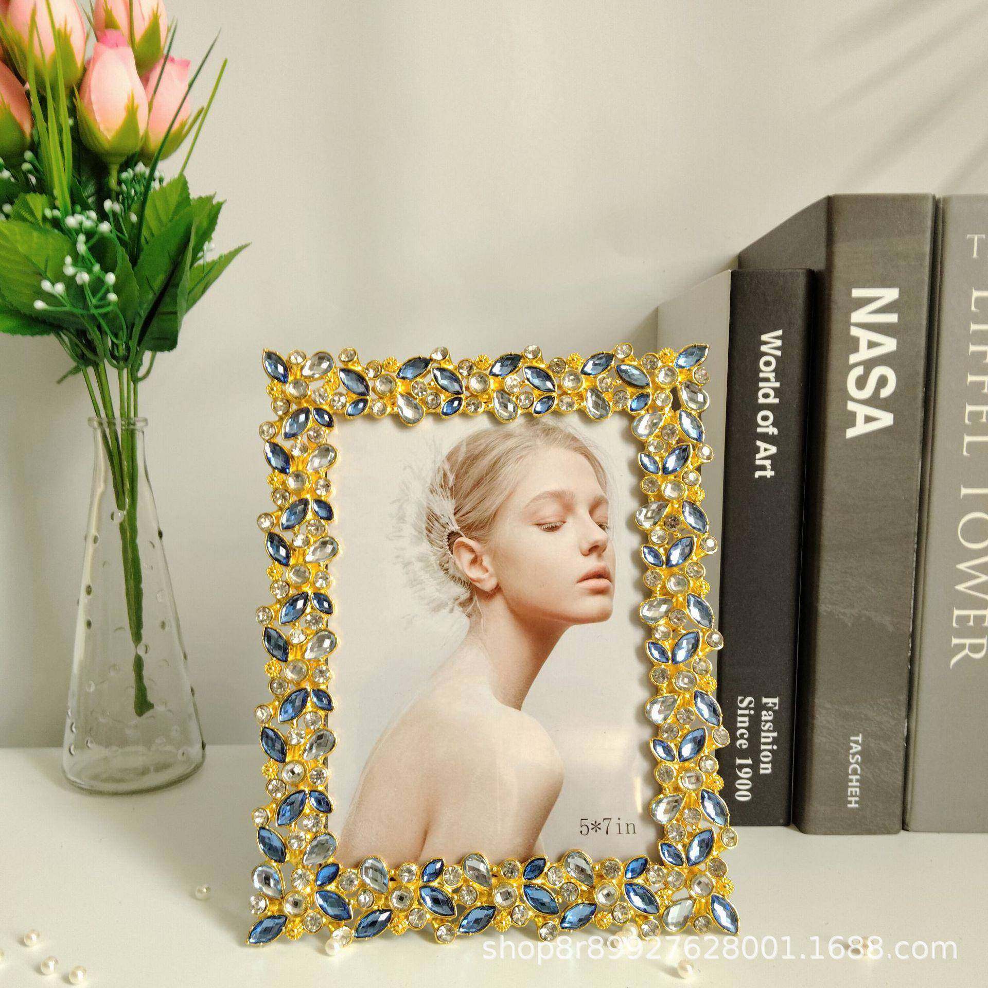 镶嵌蓝宝简件约金属庭XY887时尚相框摆石台，简约相框家摆装饰