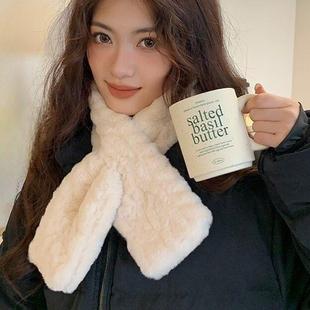 加厚版软糯毛毛围脖女韩版纯色百搭交叉短款仿獭兔围巾秋冬毛领子