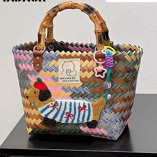这包赢麻了！新款手提包小众复古防水腊肠狗菜篮子仿藤编制托特包,箱包皮具/热销女包/男包,托特包,淘宝优惠券,粉丝福利购,淘宝优惠卷
