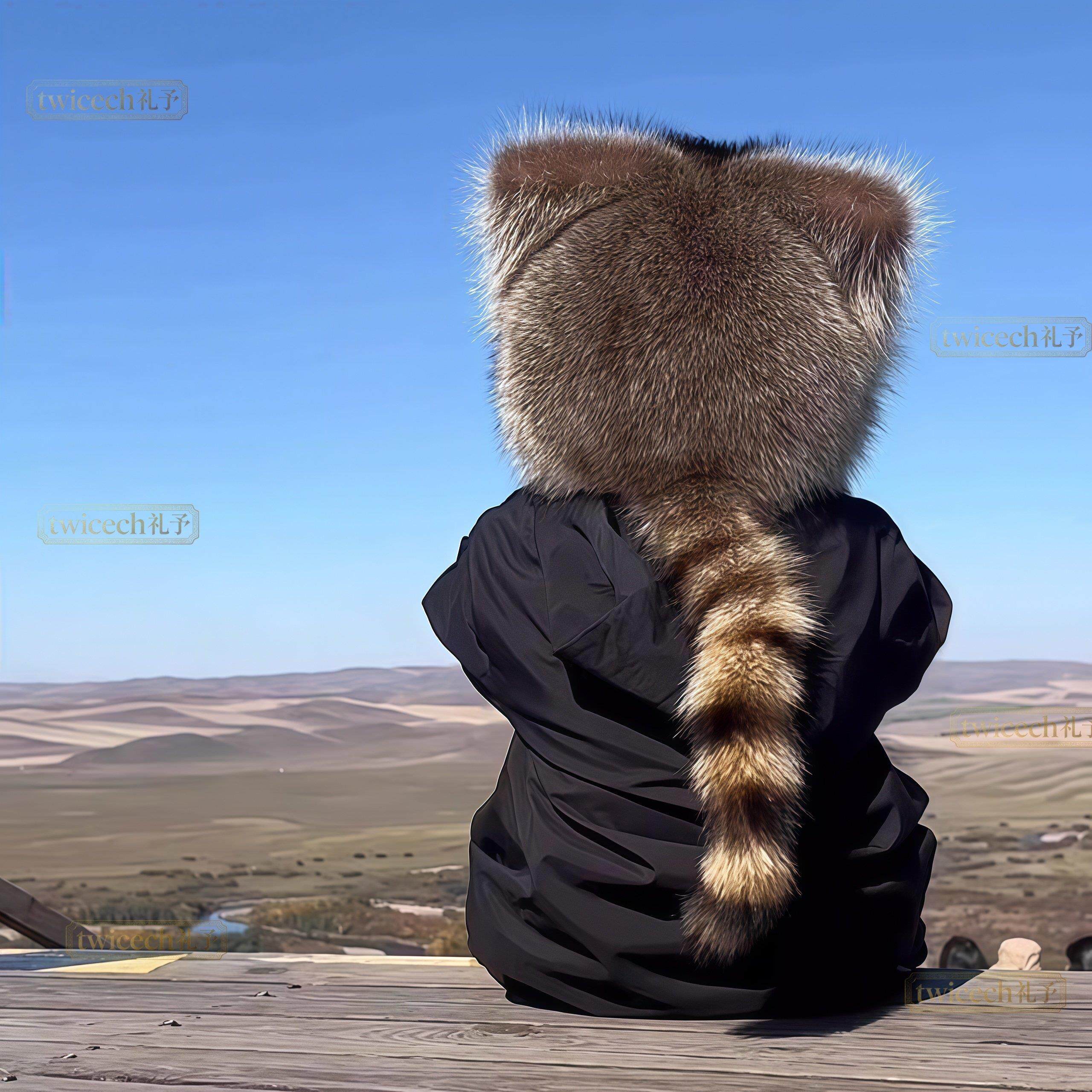 日本小浣熊皮草帽子男女儿童成人冬仿美洲貉仿狐狸毛皮草兔耳朵帽