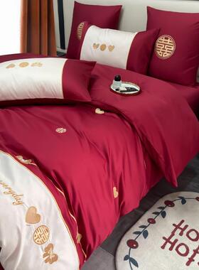 纯棉100s长绒刺绣婚件四套酒红喜庆红色结PZ2630婚被套床单床上棉