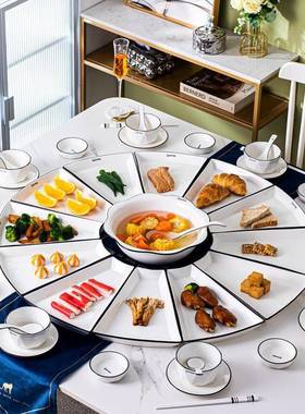 桌圆形红陶瓷团圆网拼盘餐具组合QLM套装菜盘盘子碗碟家用2扇0振