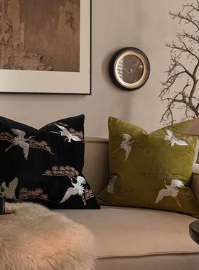 ?新中式绒刺绣客ALF77T7M厅沙发抱枕古布风复中垫古靠名宿样板间