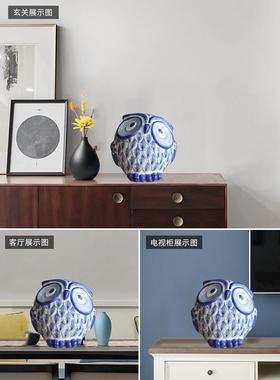 青花瓷陶BLP瓷头电鹰摆件家居装饰品客猫厅视柜摆饰阳台软花园