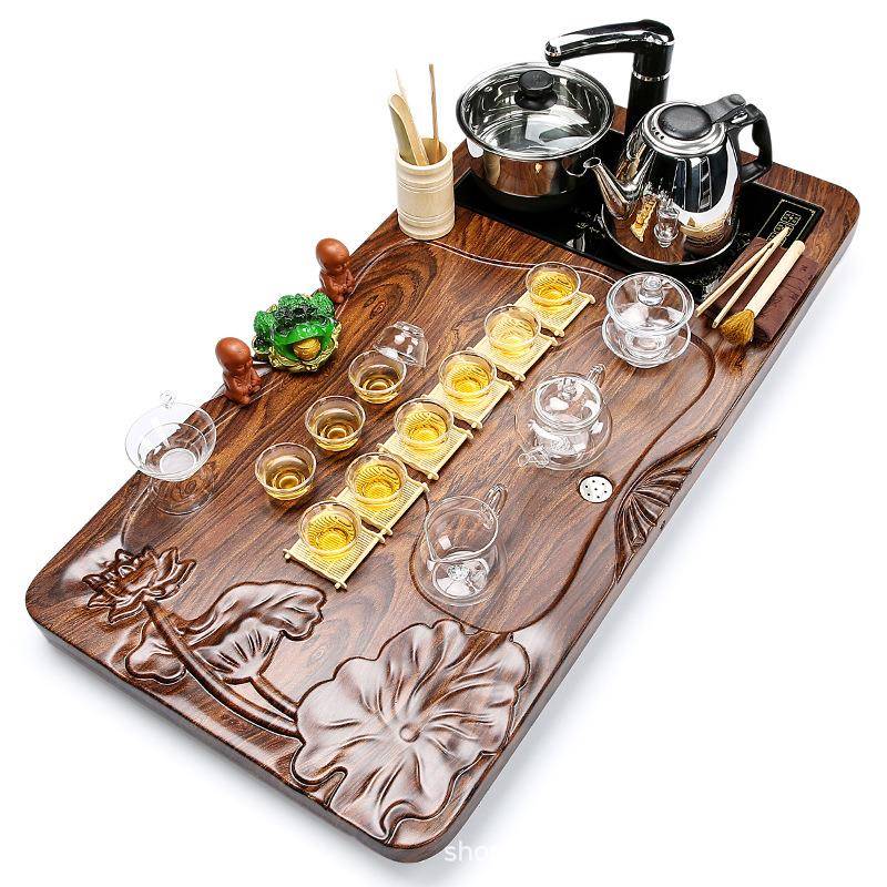 璃紫砂茶具套装qqdtz-33四合o玻家用实木茶台茶盘茶道烧水壶lgo一