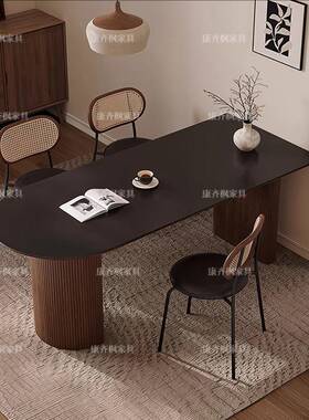 法式复73102#洞石岩椅板餐桌组合小户型胡桃色椭圆形古计师实木餐