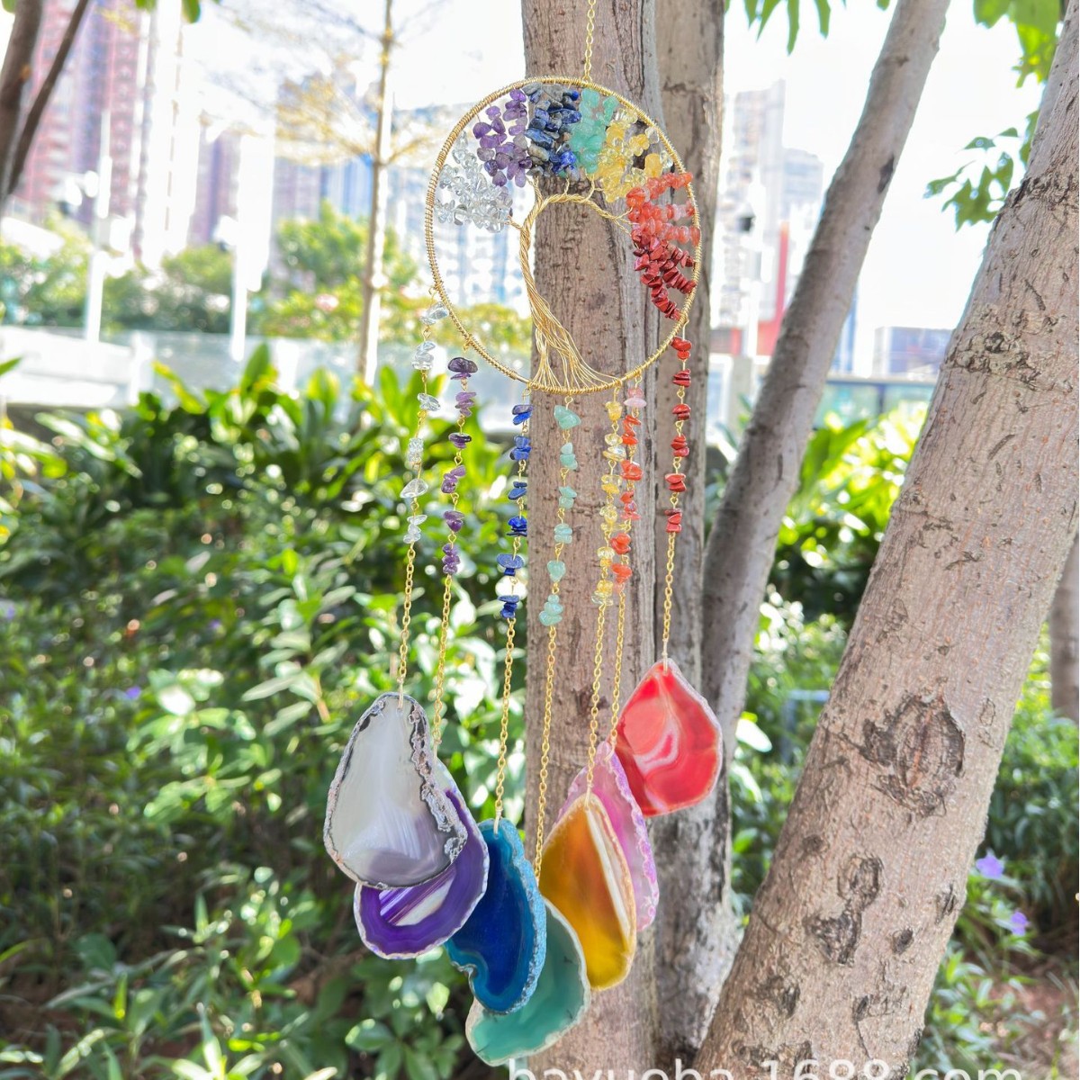 天然水晶碎石捕梦网风铃生命树阳光捕手玛瑙片手工装饰挂件亚马逊