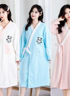 珊瑚绒浴穿袍女保x6534720暖长洗完澡接不用擦直穿款加厚可外不掉