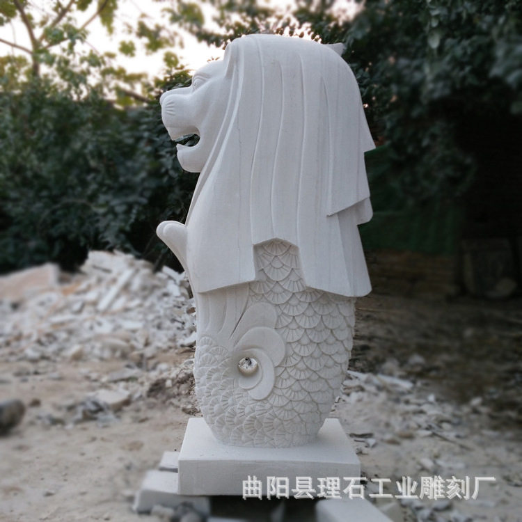 石雕鱼尾狮雕塑大理石汉白玉鱼尾狮喷水雕塑商场酒店小区景观摆件