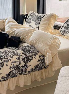 复古宫廷荷叶墅花边双层纱别款亲室肤双人透气79044风卧床笠四件