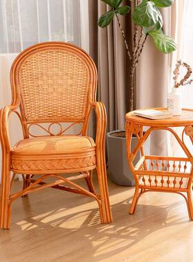 谋休电闲脑阳台天然藤单人办公真老IIJ式老人藤椅靠背椅三件套腾