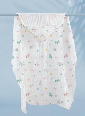 A童OFN类新生儿婴儿帽浴巾印布花纱儿六层带斗篷洗澡盖毯抱斗篷式