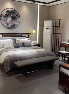 新默中式乌金木实木床轻奢主卧双床18m床人别墅床样板婚14654间认