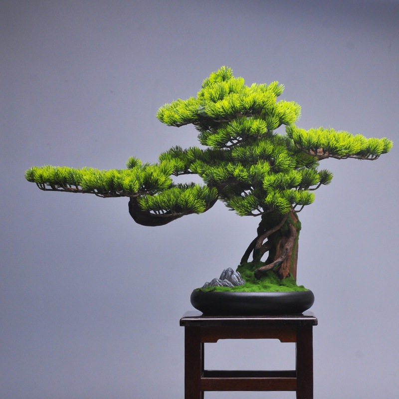 迎客松仿真植物盆景室内绿植盆栽松树办公室桌面玄关客厅装饰摆件