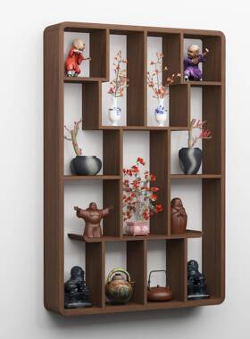 小古博架实木中式壁挂式上墙型桌面茶展示室置物架现代HUM多宝阁