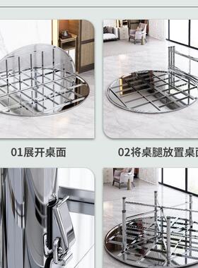 304KWP加不锈转盘圆桌酒店台桌面可折叠家圆用商用吃厚饭桌大钢餐