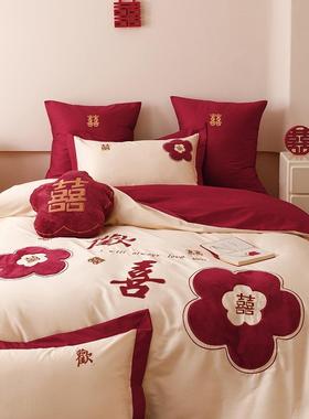 春约0支棉婚ULE庆四件套欢喜6花瓣刺绣夏结婚红色被套床简单床笠a