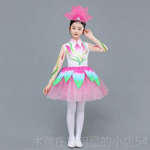 正品我为祖开国画朵花儿蓬童纱裙演出服少儿扇子舞表蓬演玉兰花舞