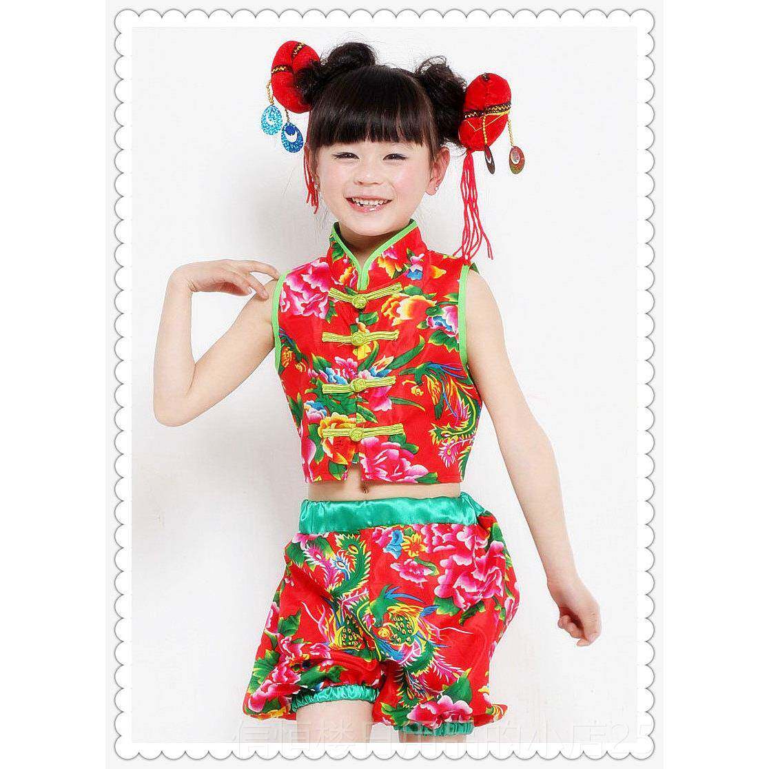 高档六一儿出童表演服夏女北大花布演服秧歌服舞蹈服东装族民风灯
