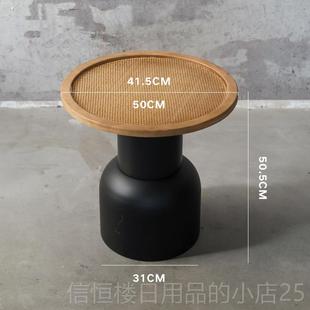 高档诧风客厅沙发边几实木头茶几中古风铁床艺角几复古寂圆桌藤编