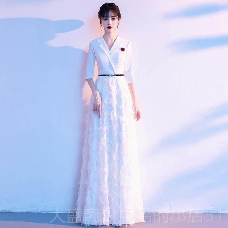 高档连现亮片合唱表演服装女式长裙优雅白红歌曲合唱比赛服装优雅