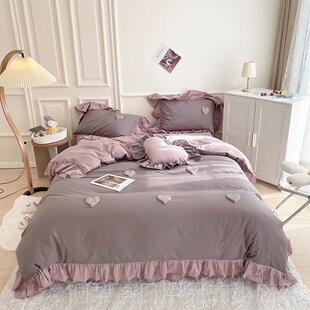 正品 可爱心被套全棉荷叶边s床 i棉n少女罩心四件套纯公主风床裙式