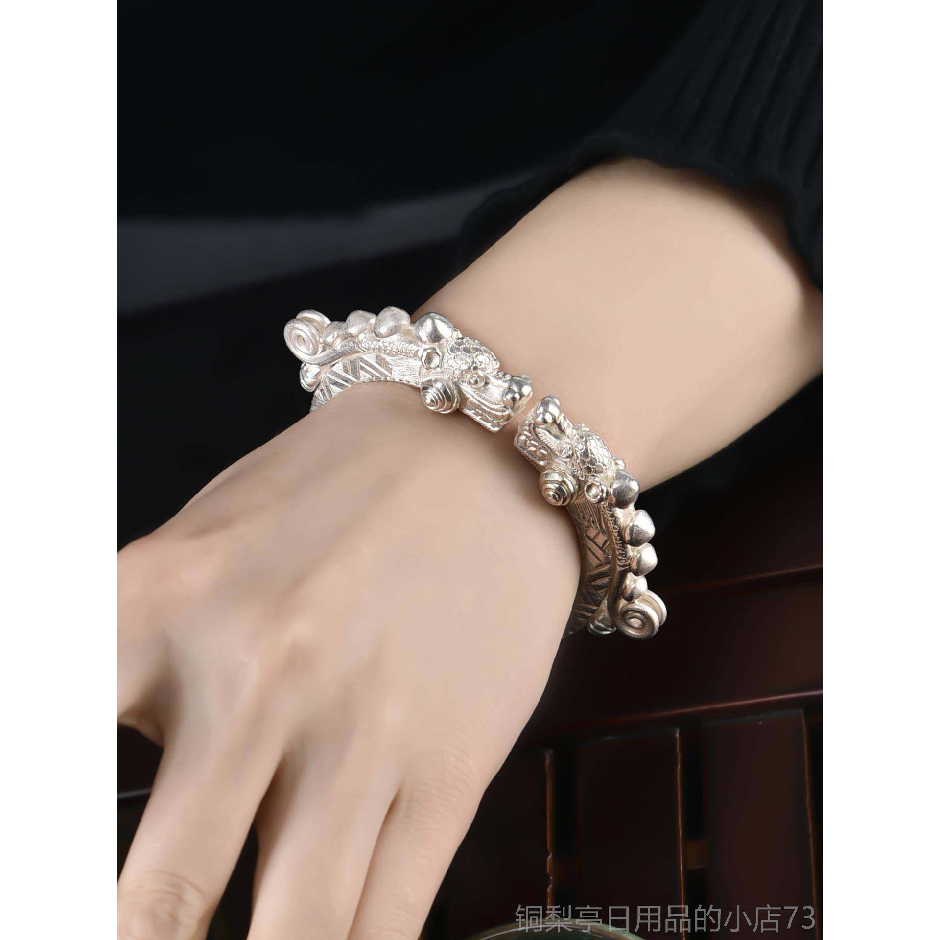 正品古风手镯女纯银中国风99纯9银手镯中性男女时活龙口尚个性潮