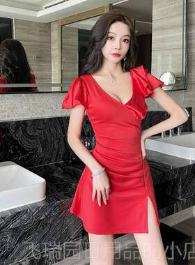 正品夜总场店女夜性感连衣裙低胸足疗工装服服桑拿按摩足浴技师工