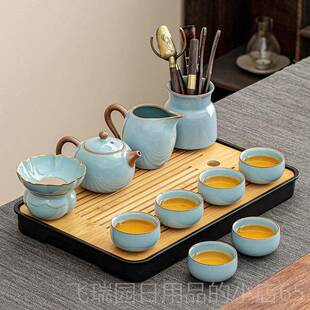 正品 天青汝窑定功夫茶具奢高档汝瓷茶壶茶整杯办轻公室泡茶套制LO
