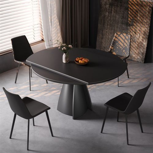 意式极简岩板餐桌可伸缩折叠家用小户型升级全托方圆两用现代简约