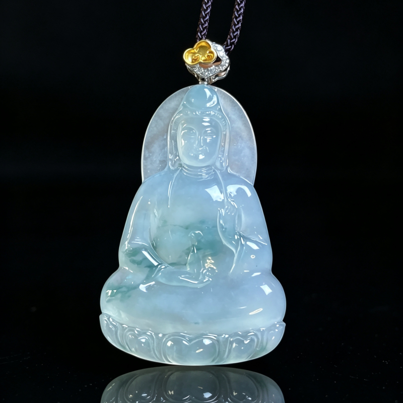 翠之匠缅甸翡翠A货18K金扣头冰种飘花大件素衣观音一刀切玉石吊坠