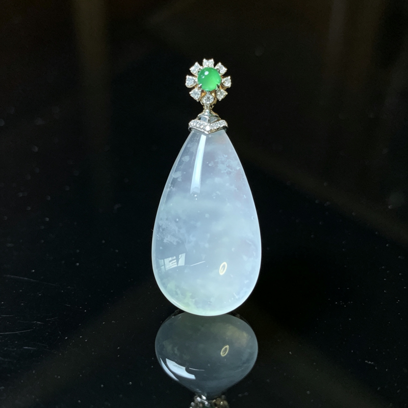翠之匠缅甸天然A货翡翠冰种雪花棉水滴吊坠玉石挂件18k金镶嵌女款
